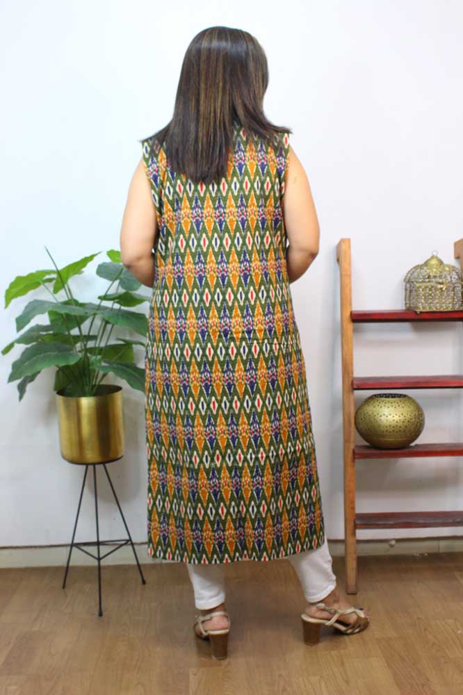 Multicolor Double Ikat Pure Cotton Reversible Long Jacket - Luxurion World