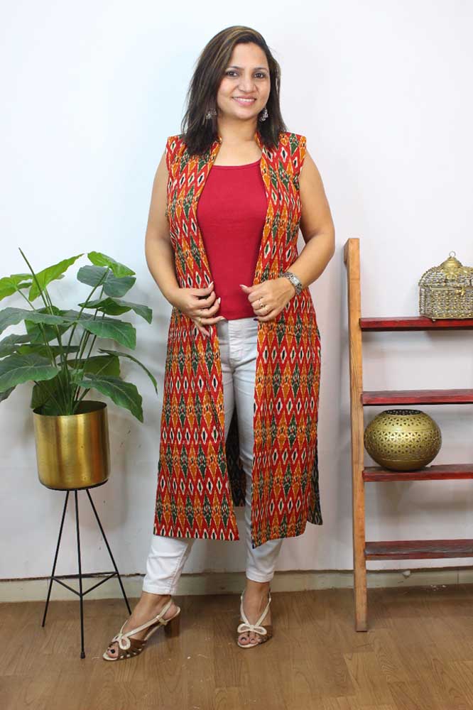 Multicolor Double Ikat Pure Cotton Reversible Long Jacket - Luxurion World
