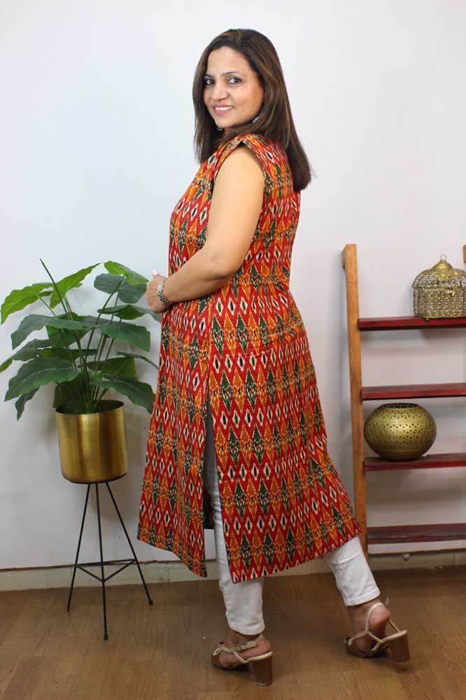 Multicolor Double Ikat Pure Cotton Reversible Long Jacket - Luxurion World