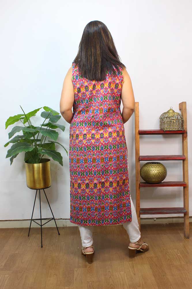 Multicolor Double Ikat Pure Cotton Reversible Long Jacket - Luxurion World