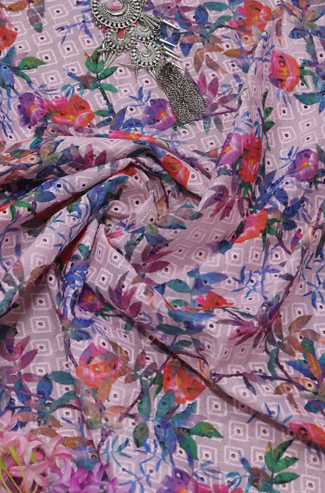 Multicolor Embroidered Chikankari Cotton Fabric (0.8 Mtr)