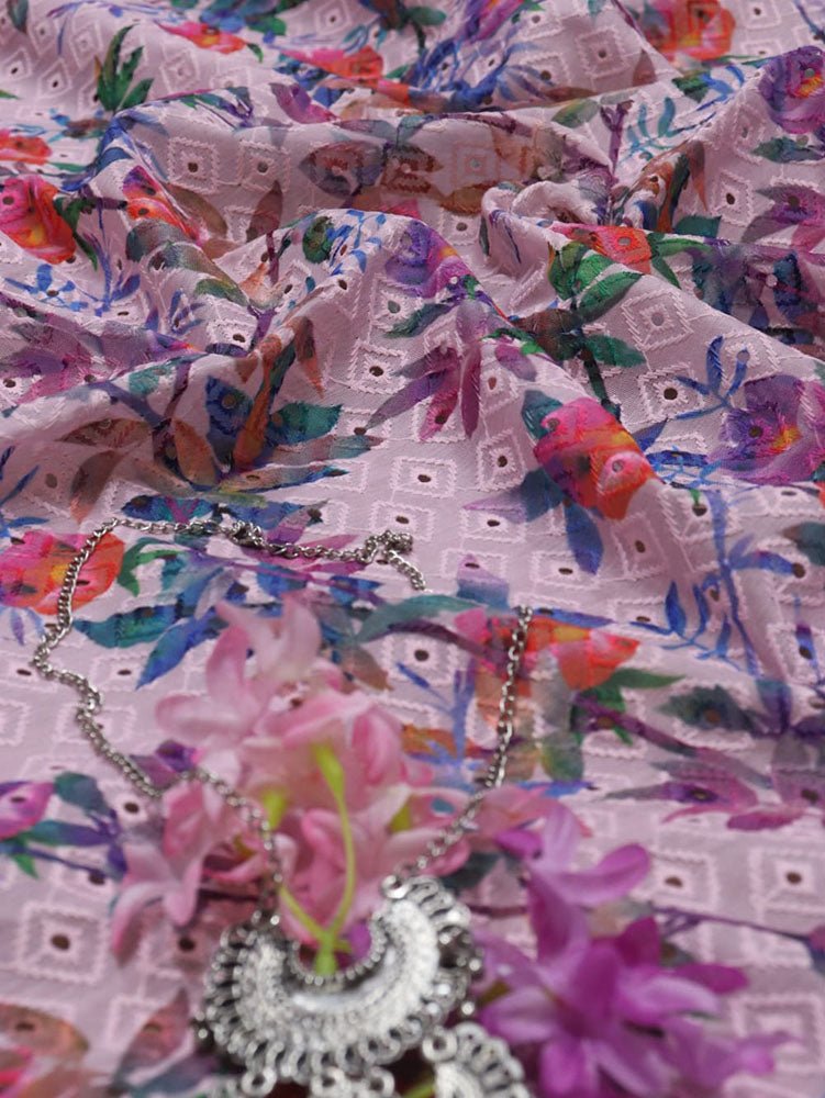 Multicolor Embroidered Chikankari Cotton Fabric (0.8 Mtr)