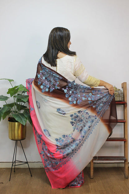 Multicolor Embroidered Kashmiri Aari Work Georgette Saree - Luxurion World