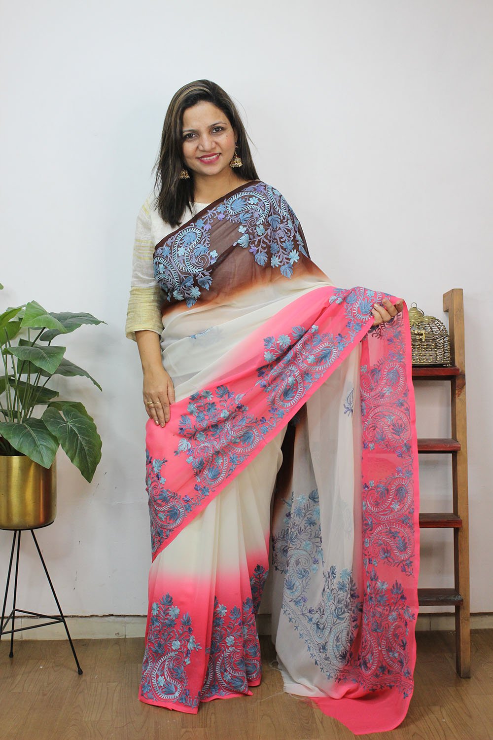 Multicolor Embroidered Kashmiri Aari Work Georgette Saree - Luxurion World