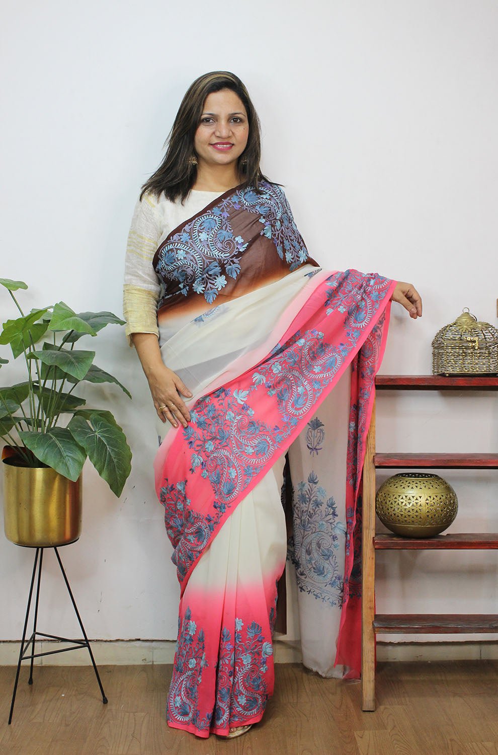 Multicolor Embroidered Kashmiri Aari Work Georgette Saree - Luxurion World