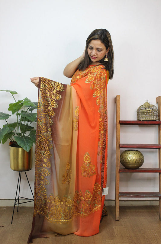 Multicolor Embroidered Kashmiri Aari Work Georgette Saree - Luxurion World