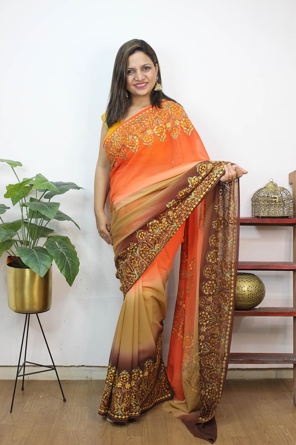 Multicolor Embroidered Kashmiri Aari Work Georgette Saree - Luxurion World