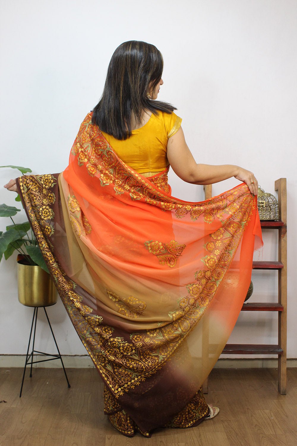 Multicolor Embroidered Kashmiri Aari Work Georgette Saree - Luxurion World