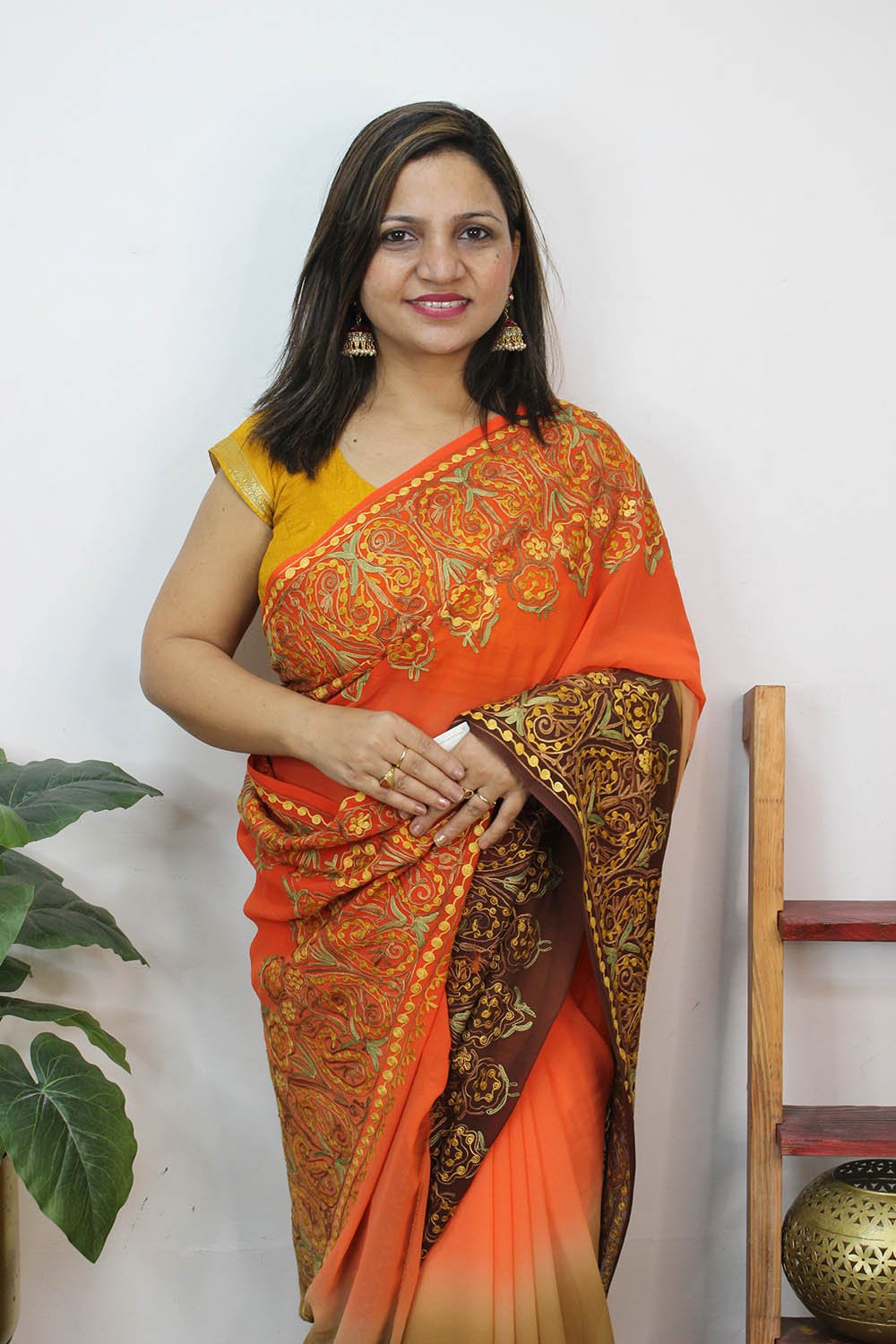 Multicolor Embroidered Kashmiri Aari Work Georgette Saree - Luxurion World
