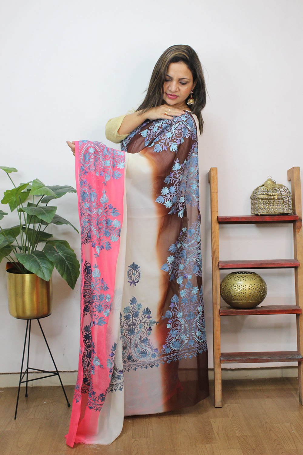 Multicolor Embroidered Kashmiri Aari Work Georgette Saree - Luxurion World