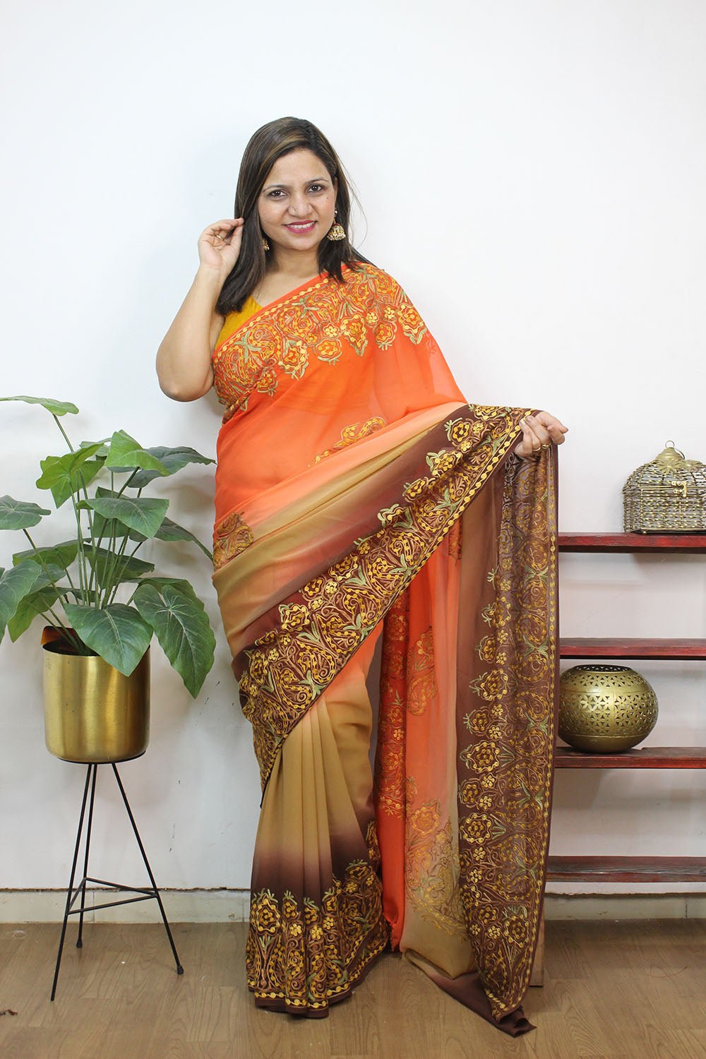 Multicolor Embroidered Kashmiri Aari Work Georgette Saree - Luxurion World