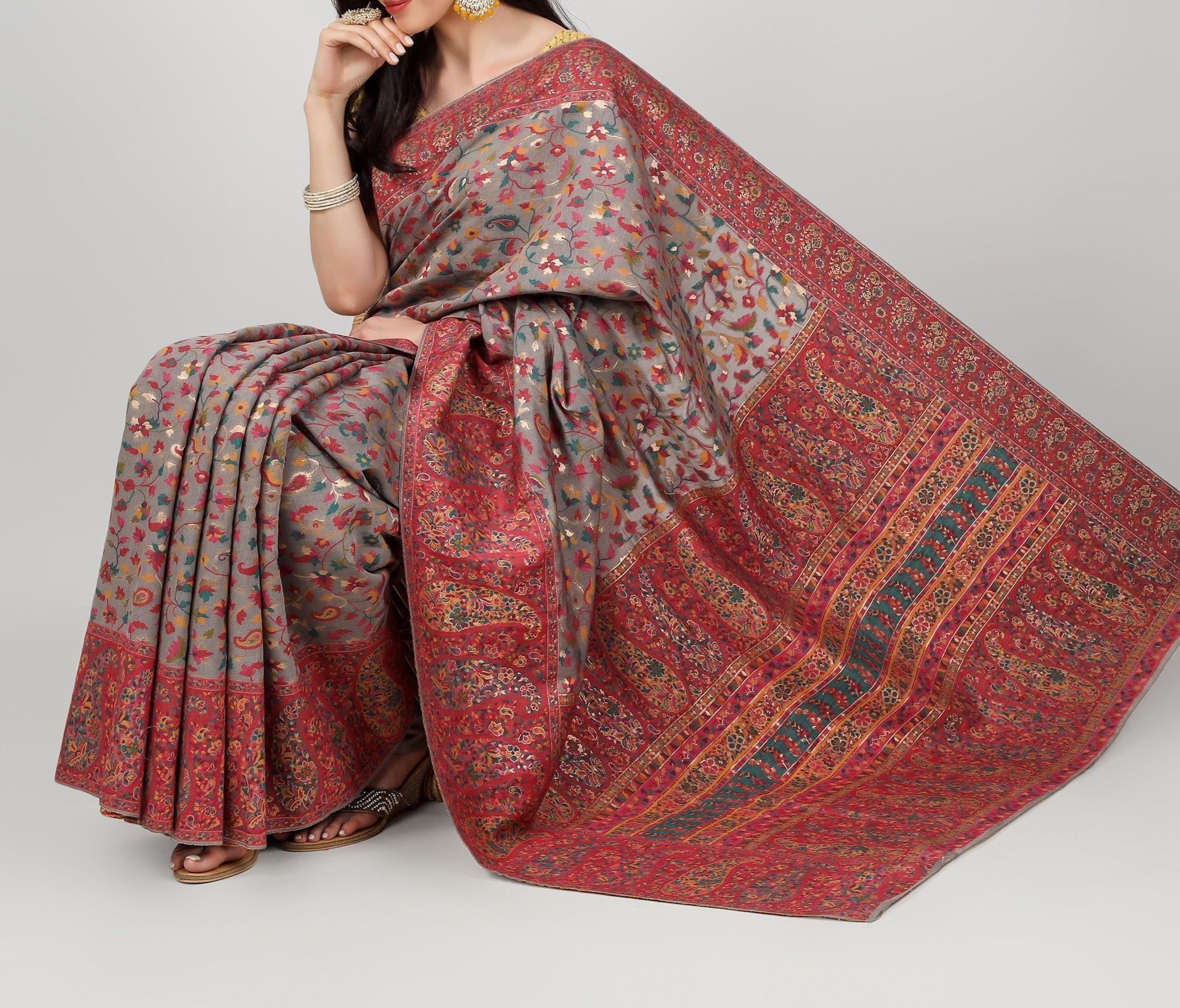 Multicolor Embroidered Kashmiri Kani Work Pure Silk Saree - Luxurion World