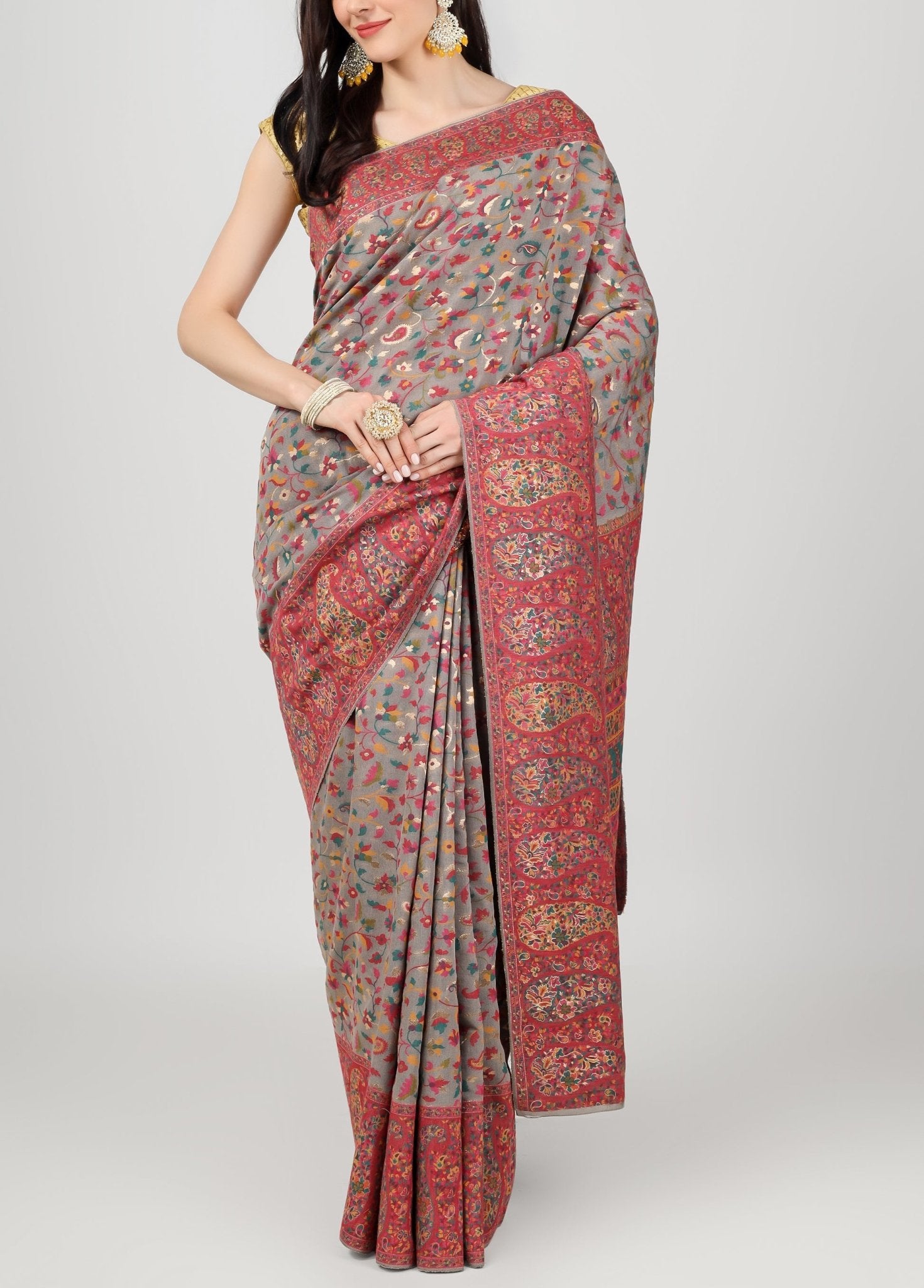 Multicolor Embroidered Kashmiri Kani Work Pure Silk Saree - Luxurion World