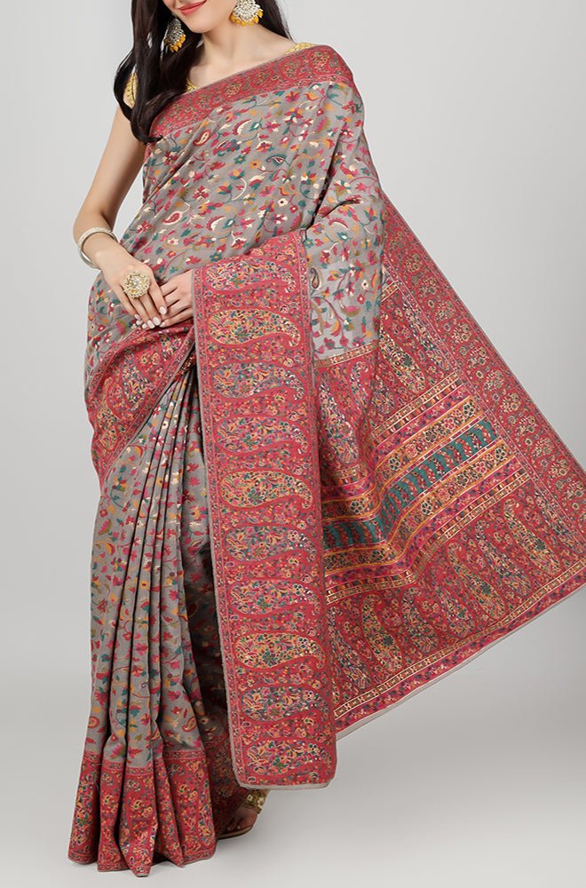 Multicolor Embroidered Kashmiri Kani Work Pure Silk Saree - Luxurion World