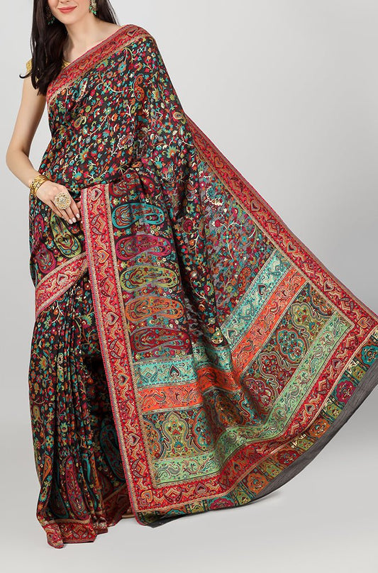 Multicolor Embroidered Kashmiri Kani Work Pure Silk Saree - Luxurion World