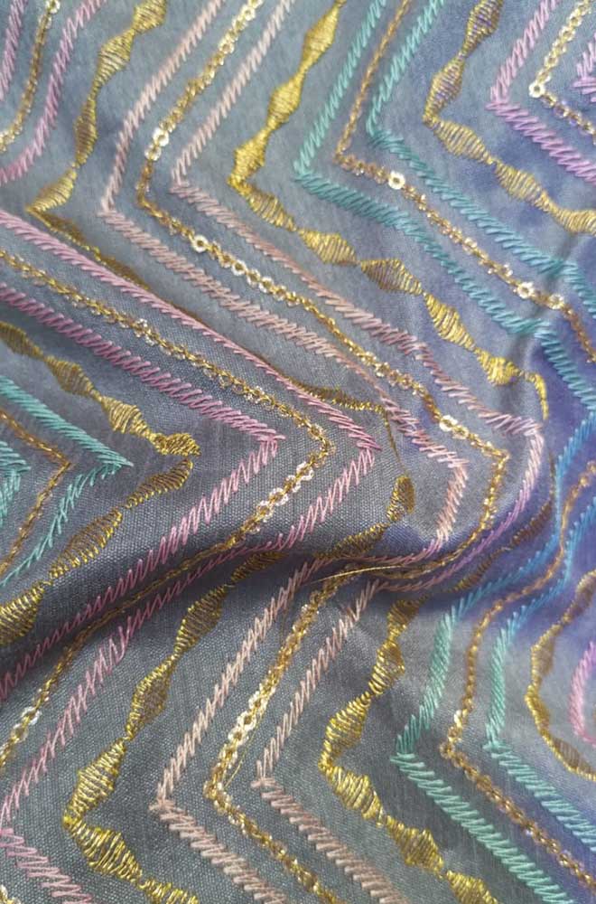Multicolor Embroidered Trendy Dupion Sequins Work Fabric ( 1 Mtr )