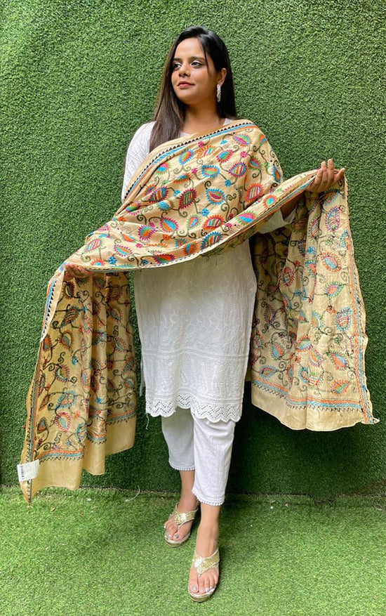Beige - Bengal Kantha Embroidery Silk Cotton Dupatta 02