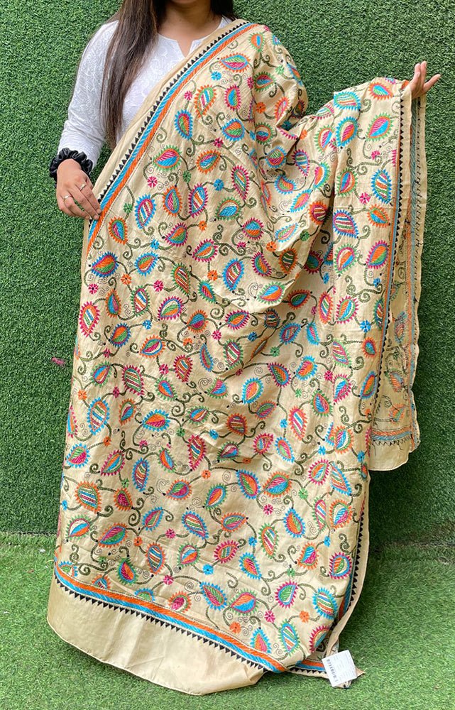 Multicolor Hand Embroidered Kantha Pure Bangalore Silk Dupatta