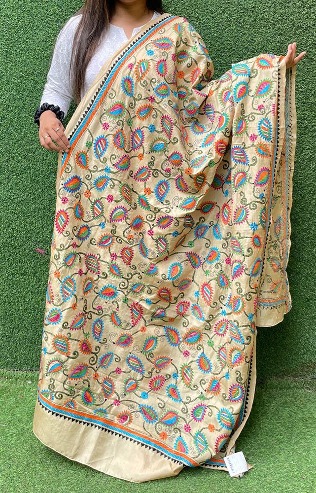 Multicolor Hand Embroidered Kantha Pure Bangalore Silk Dupatta - Luxurion World