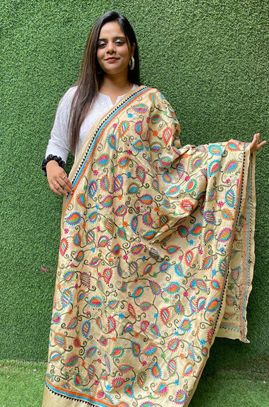 Multicolor Hand Embroidered Kantha Pure Bangalore Silk Dupatta - Luxurion World