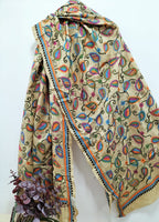 Multicolor Hand Embroidered Kantha Pure Bangalore Silk Dupatta - Luxurion World