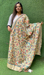 Multicolor Hand Embroidered Kantha Pure Bangalore Silk Dupatta - Luxurion World