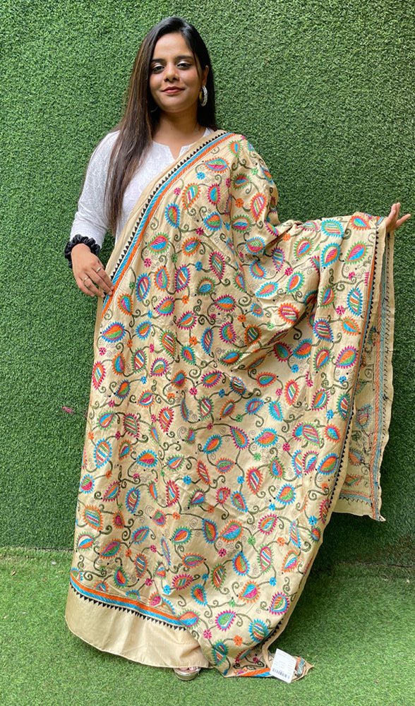 Multicolor Hand Embroidered Kantha Pure Bangalore Silk Dupatta - Luxurion World
