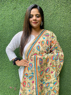 Multicolor Hand Embroidered Kantha Pure Bangalore Silk Dupatta - Luxurion World