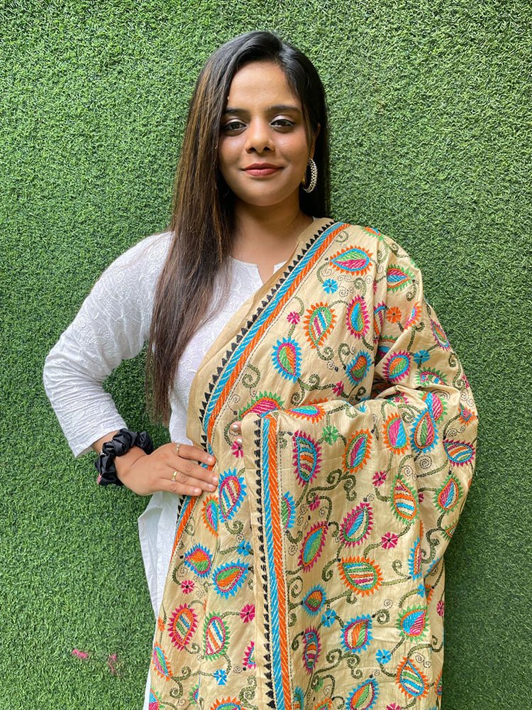 Multicolor Hand Embroidered Kantha Pure Bangalore Silk Dupatta - Luxurion World