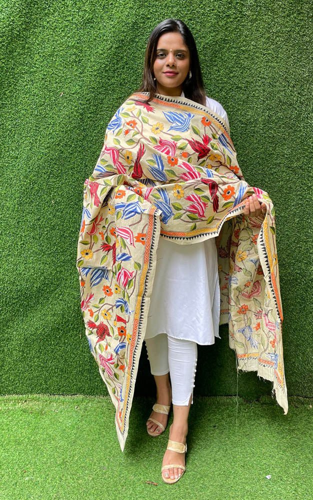 Multicolor Hand Embroidered Kantha Tussar Silk Bird And Floral Design Dupatta - Luxurion World