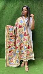 Multicolor Hand Embroidered Kantha Tussar Silk Bird And Floral Design Dupatta - Luxurion World