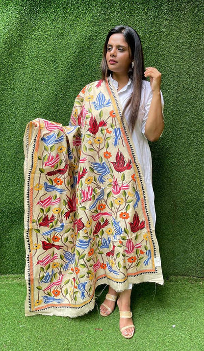 Multicolor Hand Embroidered Kantha Tussar Silk Bird And Floral Design Dupatta - Luxurion World