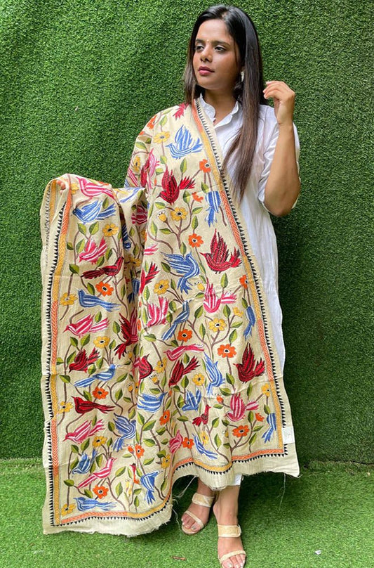 Multicolor Hand Embroidered Kantha Tussar Silk Bird And Floral Design Dupatta - Luxurion World
