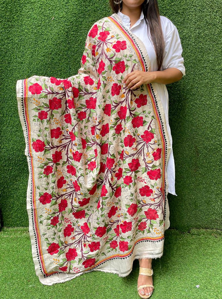 Multicolor Hand Embroidered Kantha Tussar Silk Floral Design Dupatta - Luxurion World