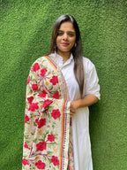 Multicolor Hand Embroidered Kantha Tussar Silk Floral Design Dupatta - Luxurion World