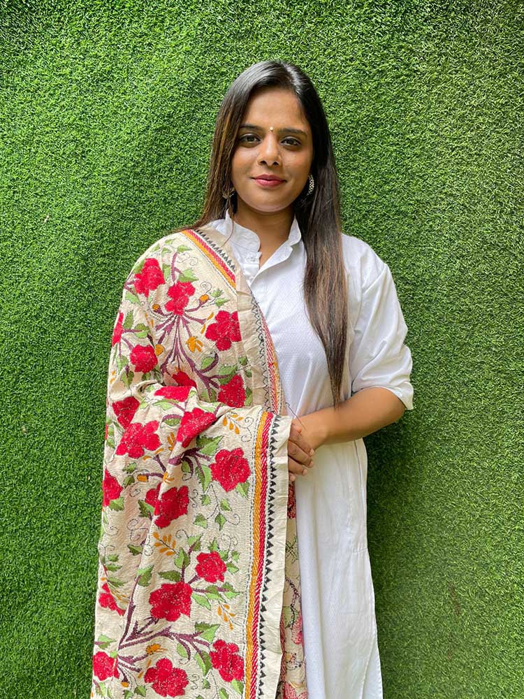 Multicolor Hand Embroidered Kantha Tussar Silk Floral Design Dupatta - Luxurion World