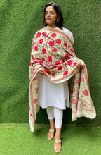 Multicolor Hand Embroidered Kantha Tussar Silk Floral Design Dupatta - Luxurion World