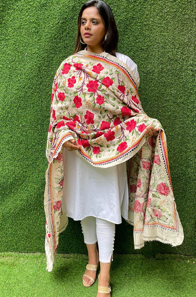 Multicolor Hand Embroidered Kantha Tussar Silk Floral Design Dupatta - Luxurion World