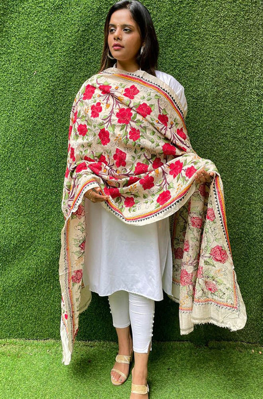 Multicolor Hand Embroidered Kantha Tussar Silk Floral Design Dupatta - Luxurion World