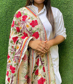 Multicolor Hand Embroidered Kantha Tussar Silk Floral Design Dupatta - Luxurion World