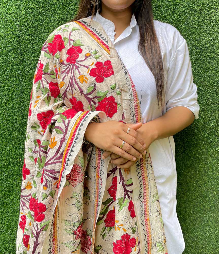 Multicolor Hand Embroidered Kantha Tussar Silk Floral Design Dupatta - Luxurion World