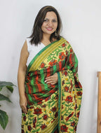 Multicolor Hand Painted Bangalore Silk Saree With Kantha Work - Luxurion World