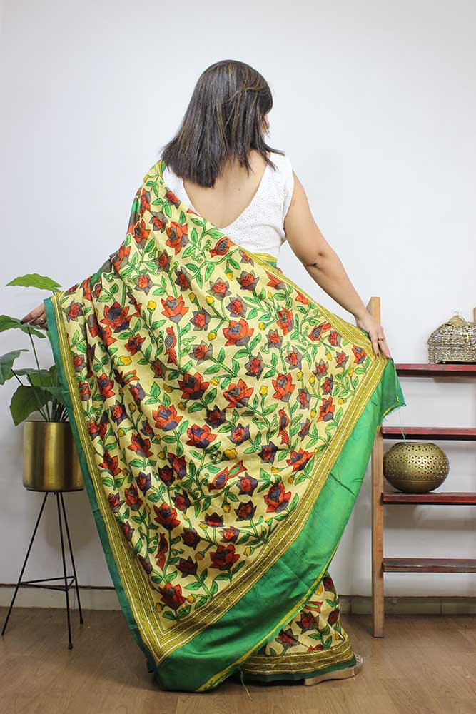 Multicolor Hand Painted Bangalore Silk Saree With Kantha Work - Luxurion World