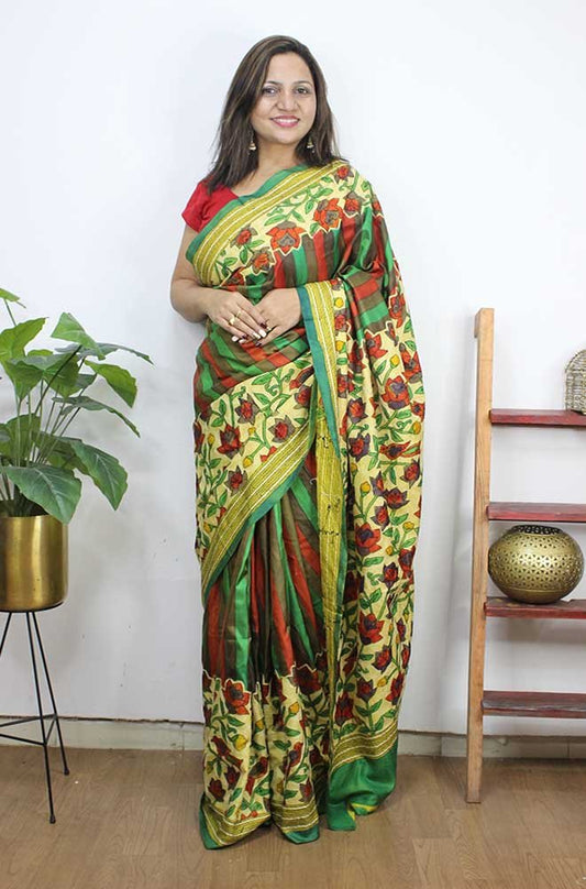 Multicolor Hand Painted Bangalore Silk Saree With Kantha Work - Luxurion World