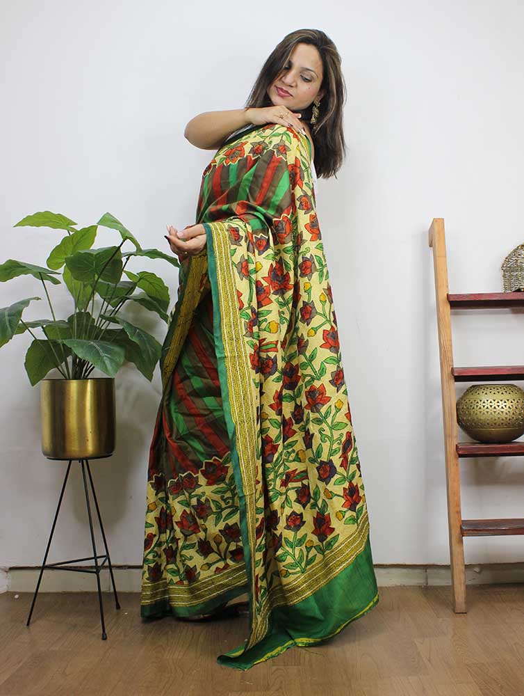 Multicolor Hand Painted Bangalore Silk Saree With Kantha Work - Luxurion World