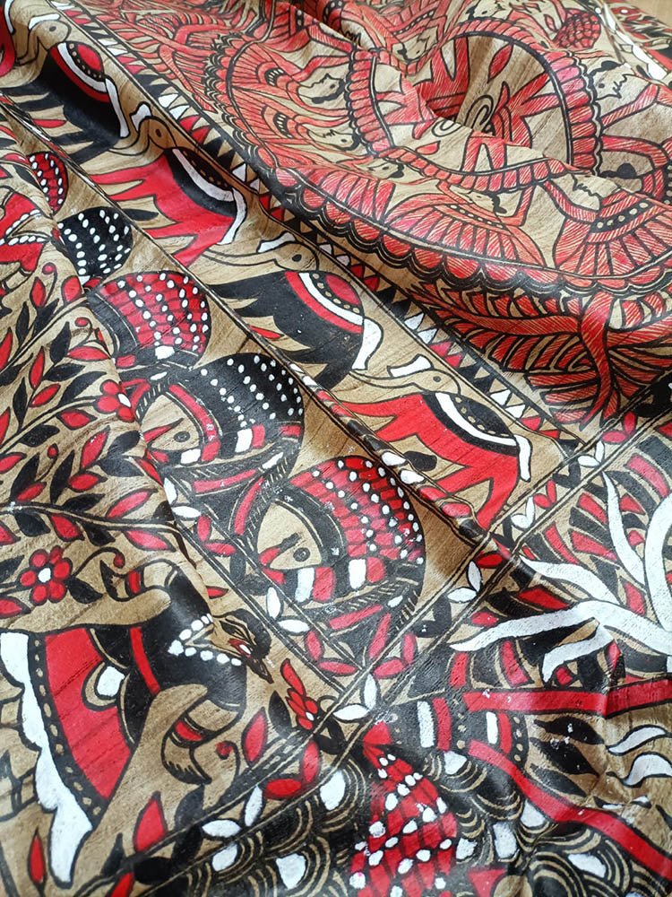 Multicolor Hand Painted Madhubani Tussar Ghicha Silk Saree - Luxurion World