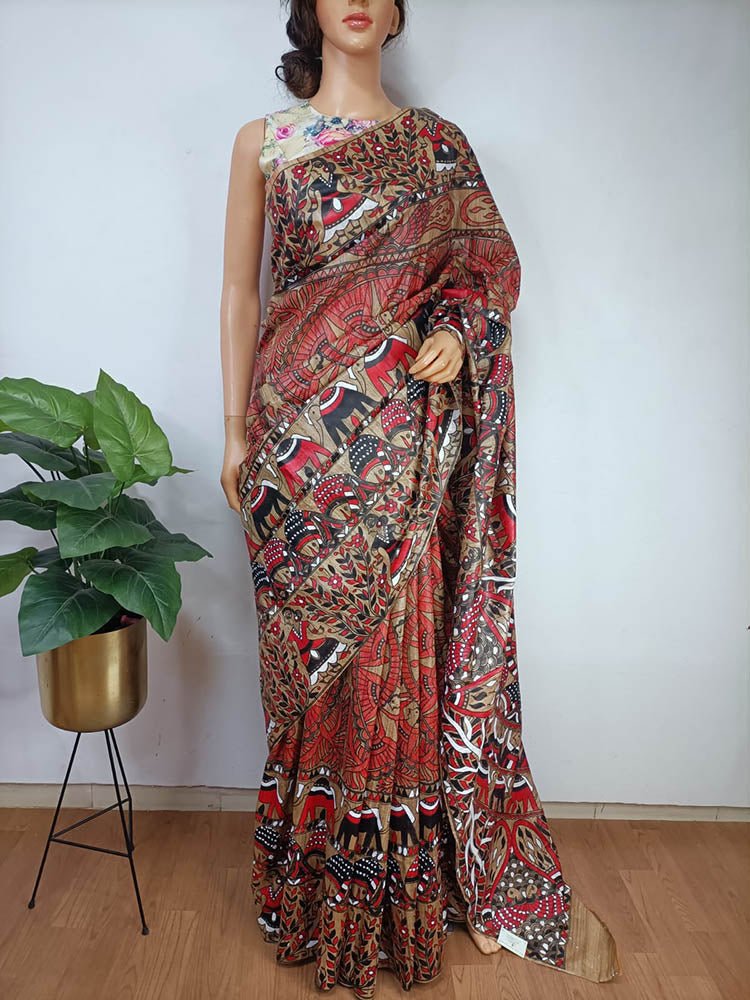 Multicolor Hand Painted Madhubani Tussar Ghicha Silk Saree - Luxurion World