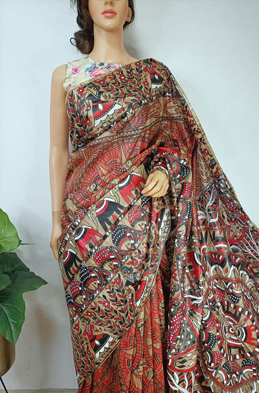 Multicolor Hand Painted Madhubani Tussar Ghicha Silk Saree - Luxurion World