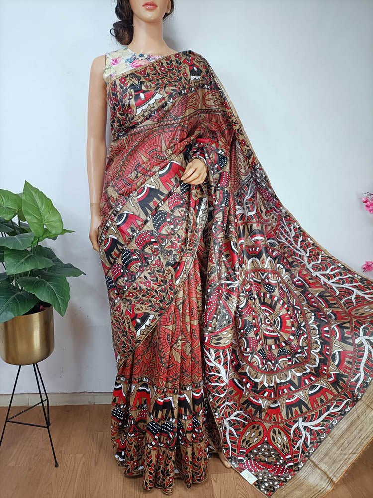 Multicolor Hand Painted Madhubani Tussar Ghicha Silk Saree - Luxurion World