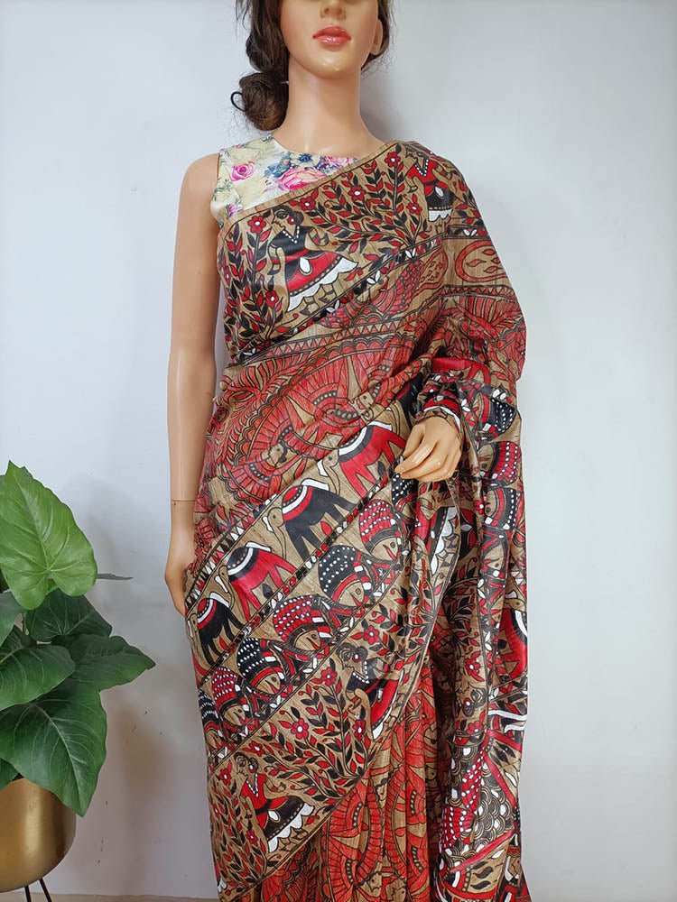 Multicolor Hand Painted Madhubani Tussar Ghicha Silk Saree - Luxurion World